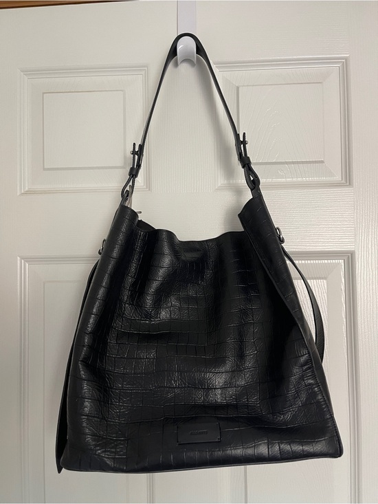 All Saints Handbags - AllSaints Black Croc-Embossed Hobo Tote